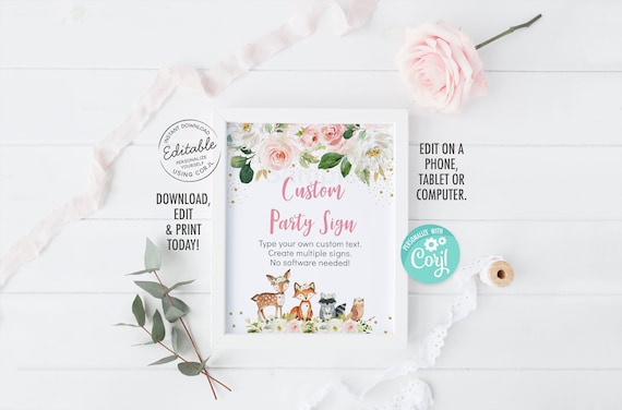 EDITABLE Woodland Baby Shower Sign Girl Woodland Animals Forest Animals Blush Floral Printable Digital Instant Download Template Corjl A516 Il_570xn