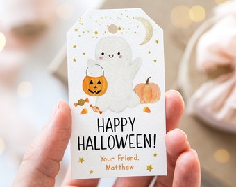 Editable Happy Halloween Favor Tags Boo Ghost Halloween Treat Tags Trick Or Treat Tags Boy Girl Halloween Party Tags Pumpkin Candy Corn A702