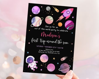 Editable Pink Space Birthday Invitation First Trip Around The Sun Girl Astronaut Galaxy Planets Outer Space Party Rocket Ship Printable A654
