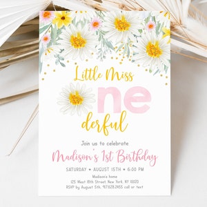 Editable Daisy First Birthday Invitation Little Miss Onederful Floral Birthday Invite Bohemian Birthday Pink Daisy Digital Download A626