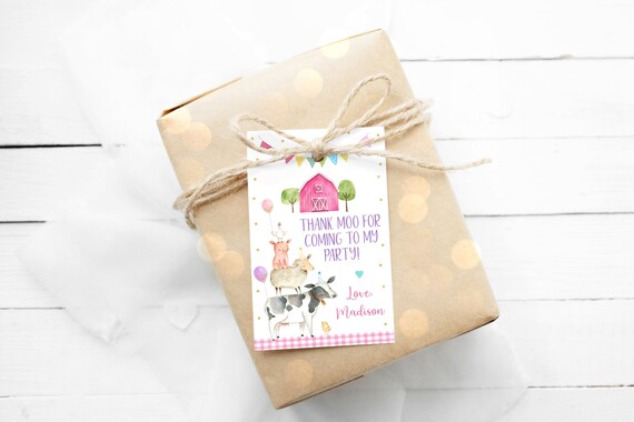 Editable Pink Farm Birthday Thank You Tags Favor Tag Thank Moo Tag Girl Farm Party Barnyard Birthday Farm Animal Balloons Pink Gold A629 Il_570xn