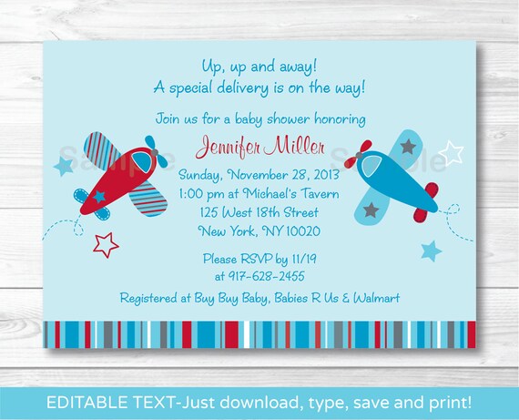 Airplane Baby Shower Invitation INSTANT DOWNLOAD Editable PDF A416 Il_570xn
