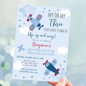 Editable Airplane Birthday Invitation Airplane Invite Years Flown By Boy Airplane Party Clouds Stars Blue Red Any Age Digital Download A566