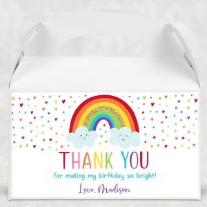 Editable Rainbow Birthday Favor Box Label Gable Box Label Girl Rainbow Party Gold Rainbow Clouds Printable Digital Download Corjl A530