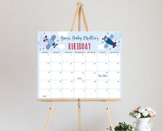 Editable Airplane Baby Shower Due Date Calendar Game, Boy Baby Shower ...