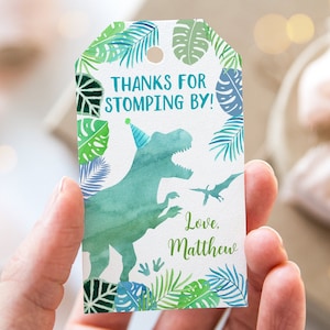Editable Dinosaur Birthday Thank You Tags Favor Tags T-Rex Birthday Dinosaur Party Dinosaur Safari Green Blue Watercolor Digital A663