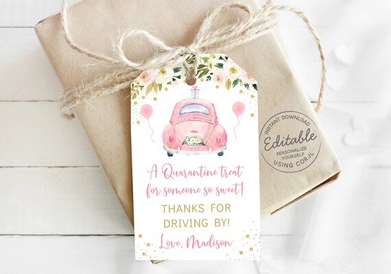 EDITABLE Drive By Favor Tag Drive Through Baby Shower Bridal Shower Birthday Quarantine Thank You Tag Pink Floral Girl Digital Printable Il_570xn