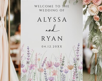 Editable Soft Pastel Wildflowers Wedding Welcome Sign, Digital Template A789