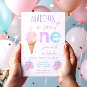 Editable Ice Cream Birthday Invitation Sweet One Ice Cream First Birthday Girl Ice Cream Party Pink Gold Sprinkles Balloons Digital A611