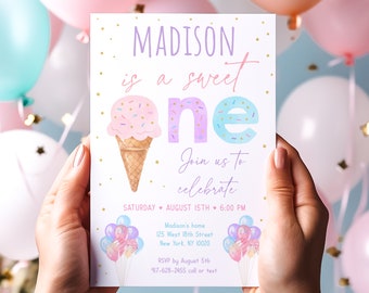 Editable Ice Cream Birthday Invitation Sweet One Ice Cream First Birthday Girl Ice Cream Party Pink Gold Sprinkles Balloons Digital A611