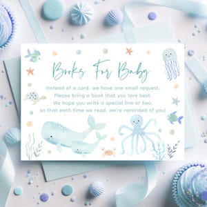 Pastel onder de zee babyshower boek verzoekkaarten, boeken voor baby, blauwe zeedieren, baby boyshower, walvis schildpad oceaan, digitaal A725
