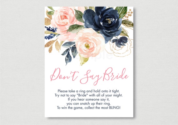Blush & Navy Floral Don't Say Bride Game / Floral Bridal Shower / Watercolor Floral / Pink Floral / Bridal Shower Ring Game / PRINTABLE B135 Il_570xn