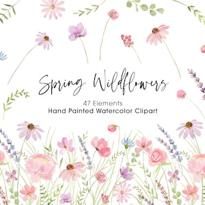 Wildblumen Aquarell Clipart, zarte Frühling Wildblumen, Wildblumen Borte, Wildblumen, Hochzeit Clipart, Pastell rosa lila A727