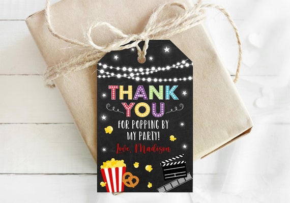 Editable Movie Night Birthday Thank You Tags Favor Tags Movie Under the Stars Popcorn Girl Boy Outdoor Backyard Movie Party Digital A555 Il_570xn
