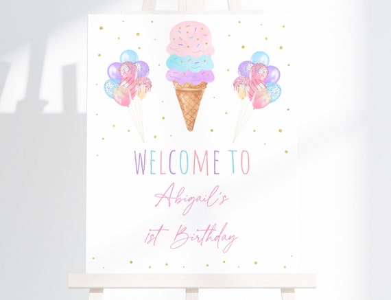 Editable Ice Cream Birthday Welcome Sign Girls Ice Cream Party Rainbow Ice Cream Pink Gold Balloons Printable Digital Download A611 Il_570xn