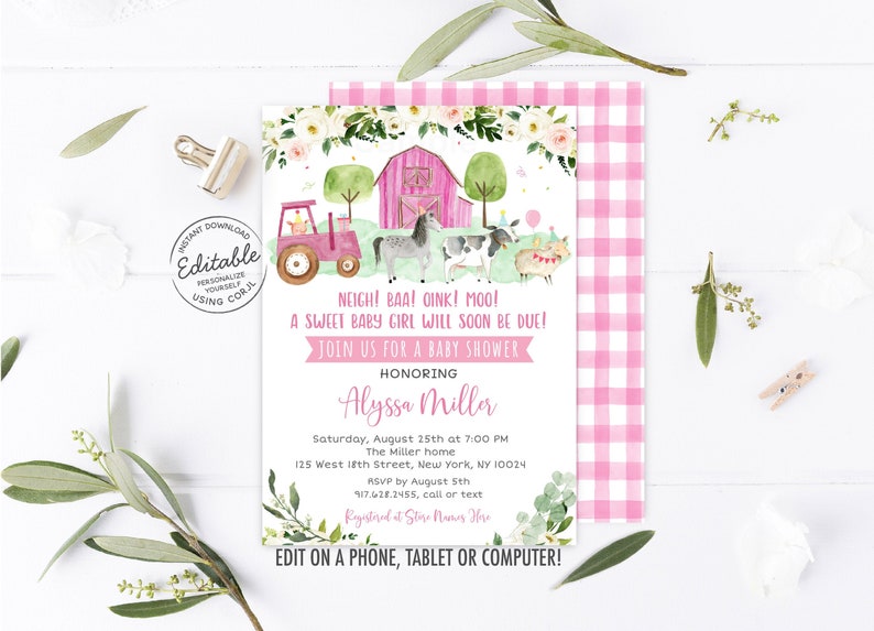 EDITABLE Pink Farm Baby Shower Invitation Girl Farm Animal Etsy