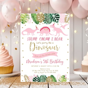 Pink Dinosaur Birthday Invitation, Pink & Gold Dinosaur Birthday Invite, Dinosaur Safari, Girl Dinosaur, Gold Safari, EDITABLE Digital A507