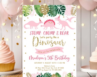 Pink Dinosaur Birthday Invitation, Pink & Gold Dinosaur Birthday Invite, Dinosaur Safari, Girl Dinosaur, Gold Safari, EDITABLE Digital A507