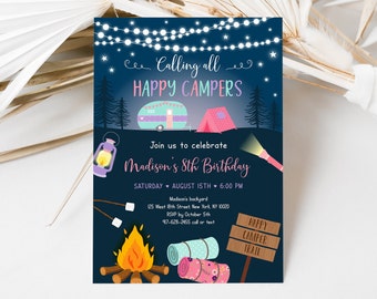 Editable Girl Camping Invitation Camping Sleepover Party Invite Glamping Happy Campers Pink Camper Digital Download A630
