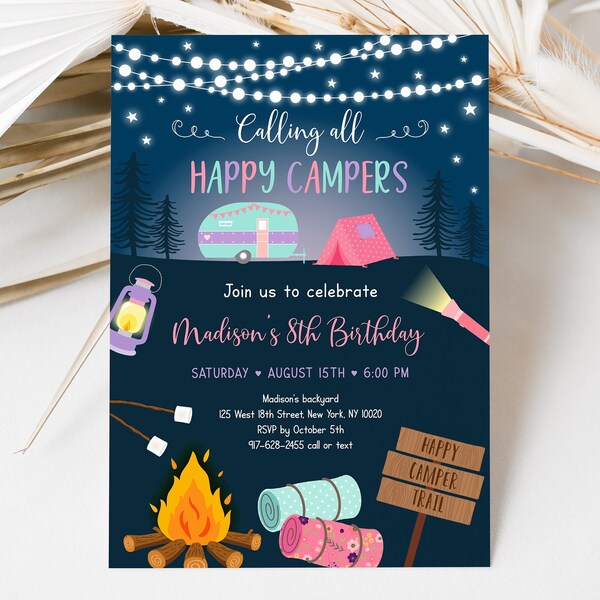 Editable Girl Camping Invitation Camping Sleepover Party Invite Glamping Happy Campers Pink Camper Digital Download A630