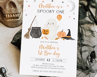 Invito di compleanno modificabile Spooky One Ghost Invito di compleanno per il primo anno di un ragazzo con zucca Festa di Halloween Download digitale A702