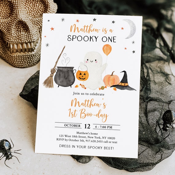 Editable Spooky One Ghost Birthday Invitation Ghost First Birthday Invite Boy Pumpkin Halloween Party Digital Download A702