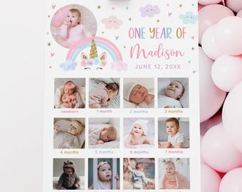 Letrero de primer año de unicornio arcoíris, póster fotográfico mensual, collage de fotos de bebé, nube arcoíris pastel, rosa dorado, editable A582