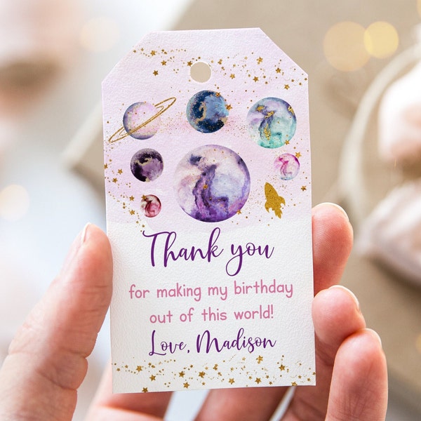 Editable Space Birthday Thank You Tags Favor Tags Pink Gold Galaxy Planets Outer Space Rocket Ship Out Of This World Instant Download A586