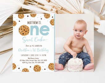 May include: A blue and white birthday invitation with a picture of a baby boy eating a cake. The invitation says "Matthew is one Sweet Cookie" and includes details for the party.