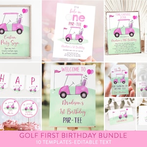 Editable Pink Girl Golf Birthday Invitation Bundle Hole in One First Birthday Par-tee Golf 1st Birthday Golf Party Bundle Download A695