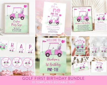 Editable Pink Girl Golf Birthday Invitation Bundle Hole in One First Birthday Par-tee Golf 1st Birthday Golf Party Bundle Download A695
