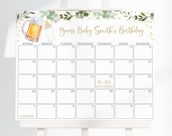 Editable Baby Is Brewing Baby Due Date Calendar Game Beer Baby Shower Greenery Gender Neutral Guess Baby&#39;s Birthday Digital Printable A526