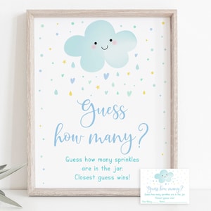 May include: A blue and white printable baby shower game sign with a cute cartoon cloud and the text "Guess how many?"  Guess how many sprinkles are in the jar. Closest guess wins!