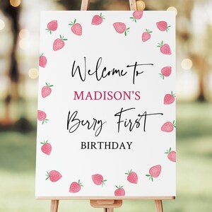 Bearbeitbare Erdbeere Geburtstag Willkommensschild Erdbeerparty Beere Süßer Geburtstag Beere Erster Geburtstag Rosa Erdbeeren Digitaler Download A703