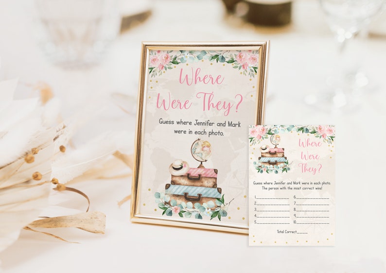 Editable Where Were They Travel Bridal Shower Game Miss To Mrs Pink Gold Floral Eucalyptus Globe Suitcase Traveling Digital Download B200 