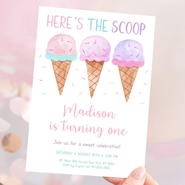 Editable Ice Cream Birthday Invitation Here's The Scoop Modern Ice Cream Birthday Girl Ice Cream Party Watercolor Digital Download A673