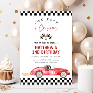 Editable Two Fast Birthday Invitation Red Race Car Birthday Invite 2 Curious Racing Party Racing Car Flame Boy Second Birthday Download A688