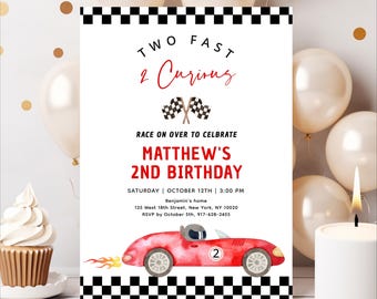 Editable Two Fast Birthday Invitation Red Race Car Birthday Invite 2 Curious Racing Party Racing Car Flame Boy Second Birthday Download A688
