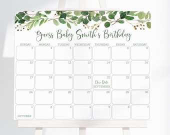 Editable Green Floral Baby Due Date Calendar Game Rustic Greenery Baby Shower Gender Neutral Leaves Guess Baby's Birthday Printable A178