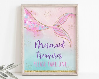 Mermaid Treasures Birthday Party Favor Sign Girl Mermaid Party Pink Gold Mermaid Tail Under The Sea Party Printable Digital Download A627