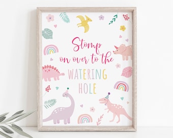 Pink Dinosaur Watering Hole Birthday Sign, Drinks Sign, Boho Dinosaur Birthday, Girl Dinosaur Party, Pastel Dinosaurs, Digital Download A736