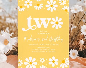May include: Yellow birthday invitation with white daisy accents. The invitation reads "tw" with the words "Join us to celebrate Madison's 2nd Birthday". Includes event details: Saturday, June 15th, 6:00 PM.