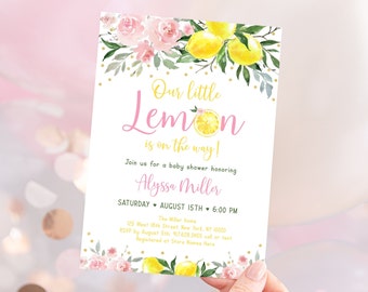 Editable Lemonade Baby Shower Invitation Little Lemon on the way Pink Lemonade Pink Gold Floral Baby Girl Shower Digital Download A613