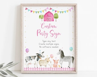 Letrero editable de cumpleaños en una granja rosa para niña, fiesta de cumpleaños en la granja, globos de animales de granja rosa y dorado, imprimible, descarga instantánea A629