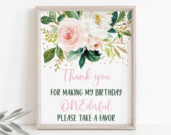 Pink Floral Onederful Birthday Favor Sign Little Miss Onederful Girl First Birthday Pink Gold Floral Boho Chic Printable Digital A561