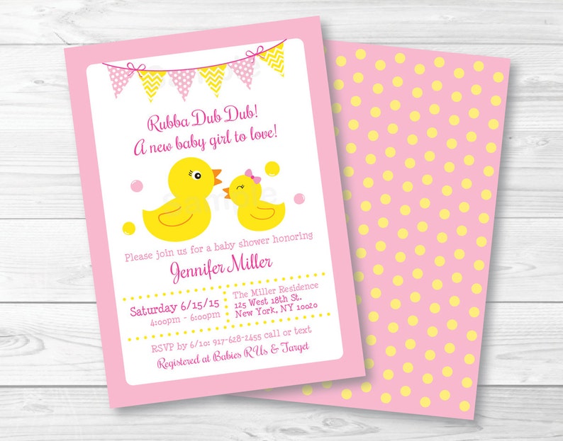 Cute Pink Rubber Duck Baby Shower Invitation Invite Girl Printable A393