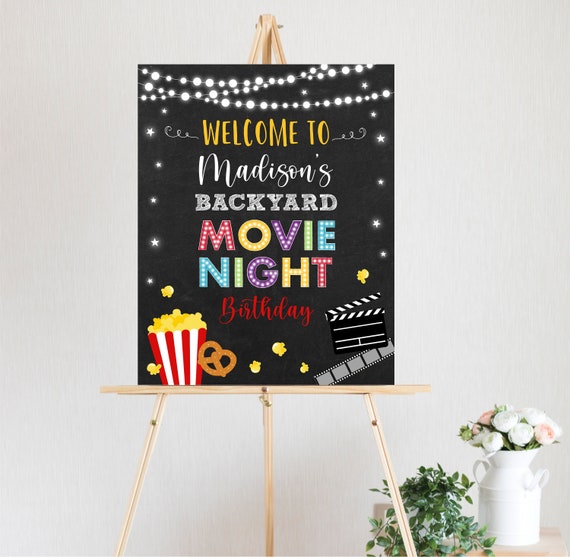 Editable Backyard Movie Night Birthday Welcome Sign Movie Under the Stars Outdoor Backyard Movie Party Boy Girl Popcorn Digital A555 Il_570xn
