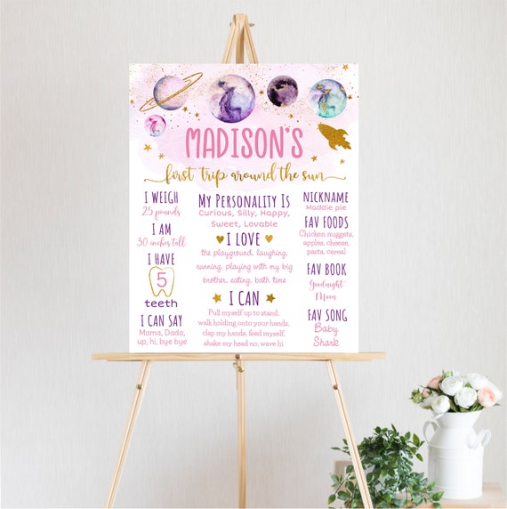 Editable Outer Space Birthday Milestone Sign First Trip Around The Sun Pink Gold Galaxy Planets Party Rocket Ship Printable Digital A586 Il_570xn