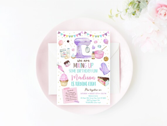 Editable Baking Birthday Invitation Baking Birthday Invite Girls Baking Party Cooking Party Cookies Cake Pink Gold Digital Download A624 Il_570xn
