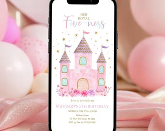 Invitación electrónica para el quinto cumpleaños de la princesa, con diseño floral en rosa, morado y dorado, editable digitalmente (A752)